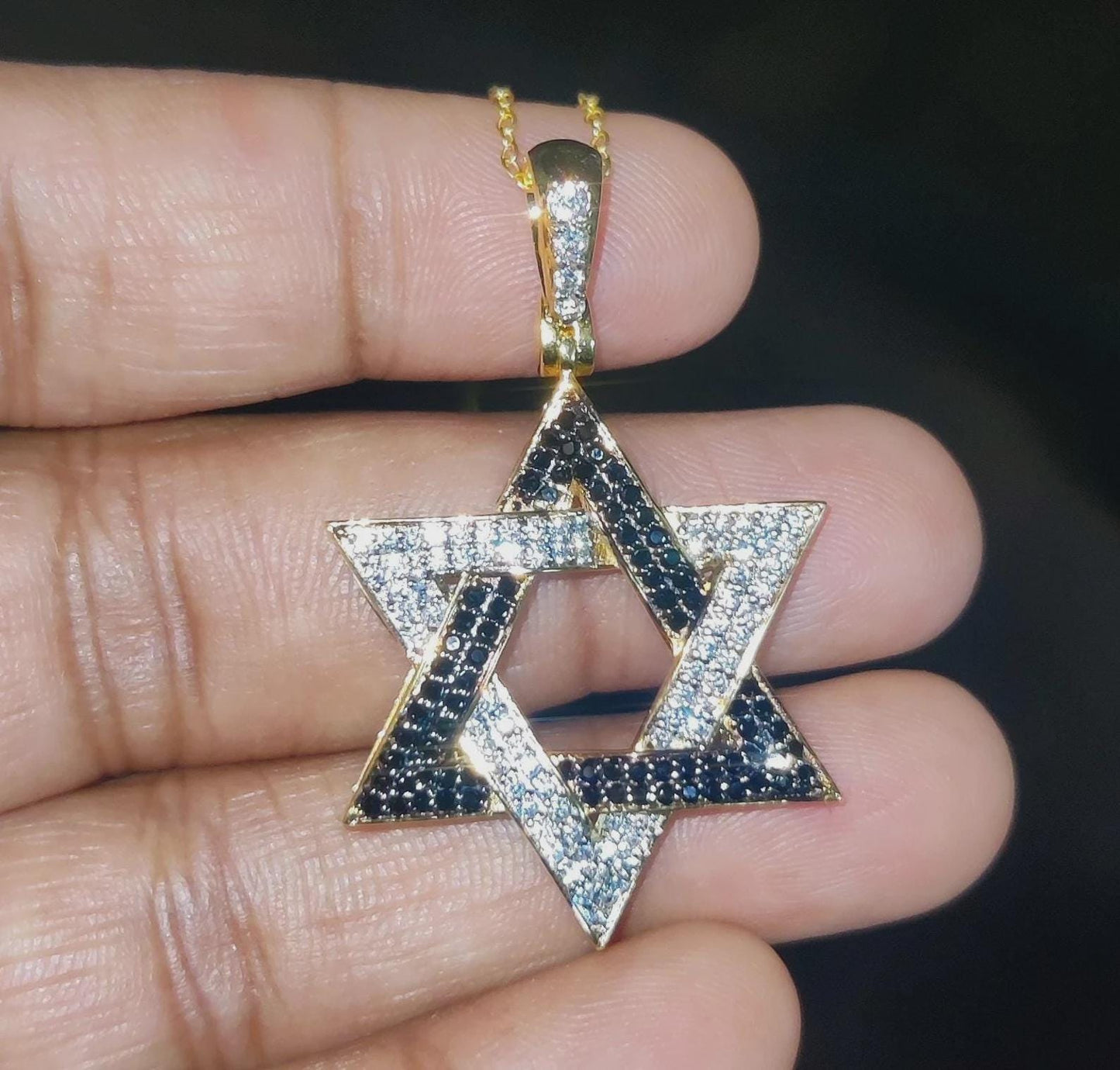 Round Cut Simulated Black and White Diamond Star of David Pendant 14K Yellow Gold Plated Pendant Gift