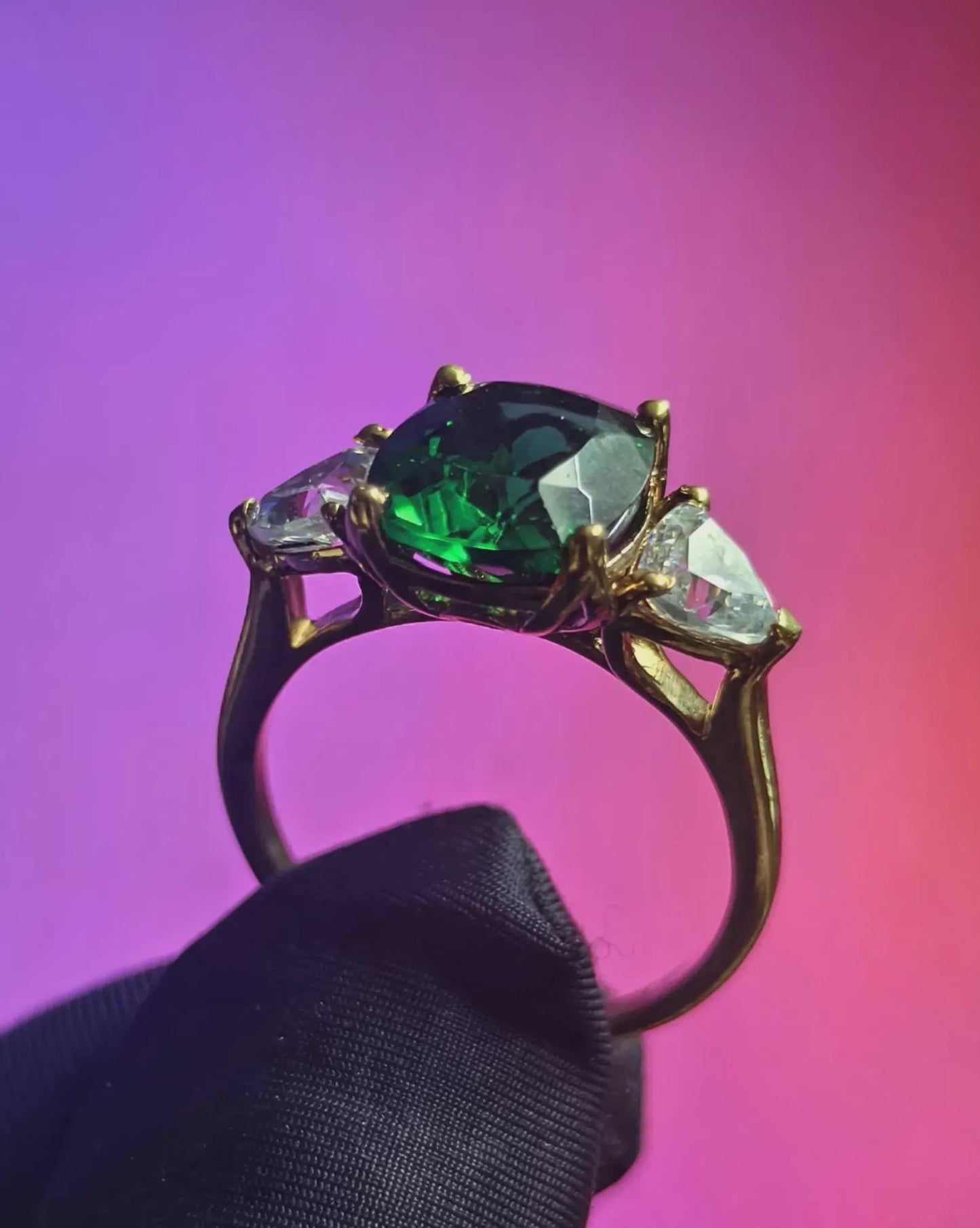 Three Stone Cushion Cut Simulated Green Emerald Diamond 14K Yellow Gold Plated 925 Sterling Silver, Anniversary Ring, Wedding Solitaire Ring