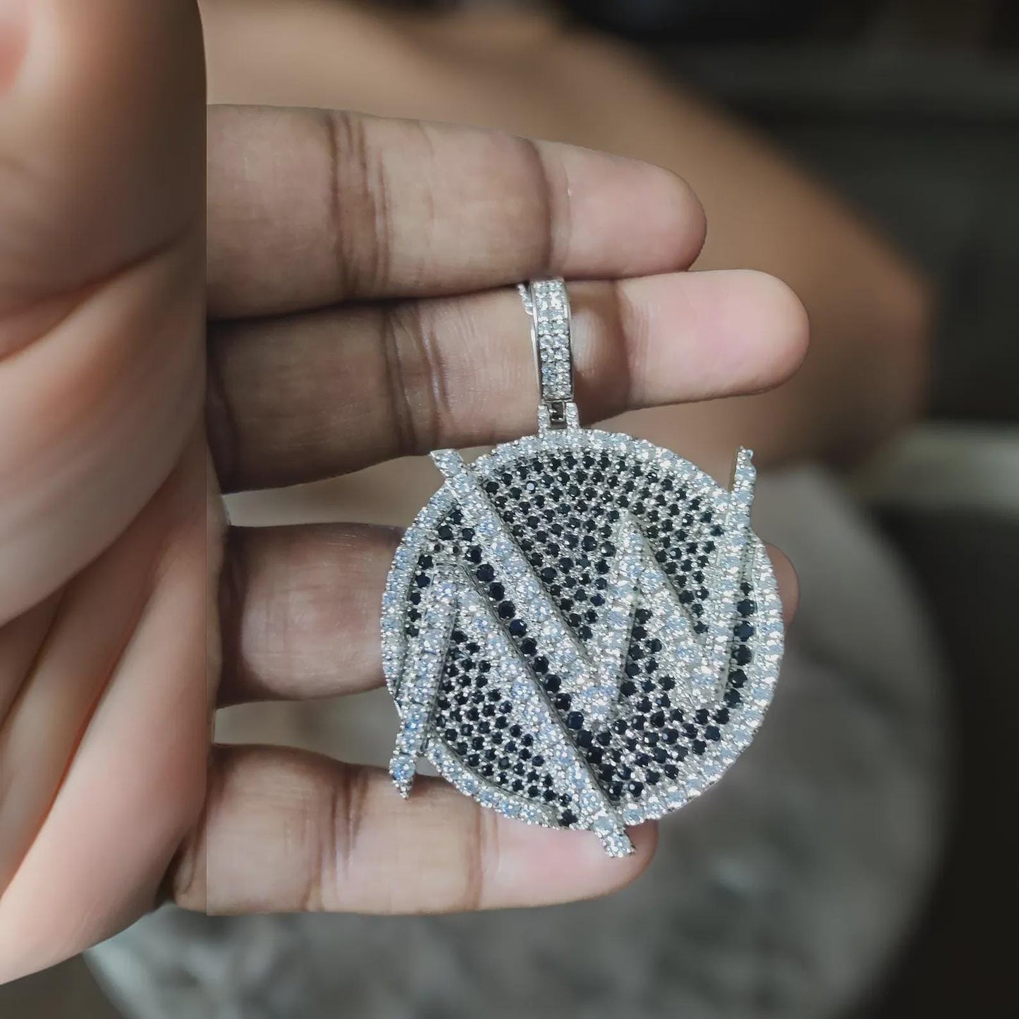 4Ct Diamond Round Cut Lab-Created Black Diamond Cluster AW Circle Pendant 14K White Gold Finish Hip Hop Alphabet Circle Diamond Pendant