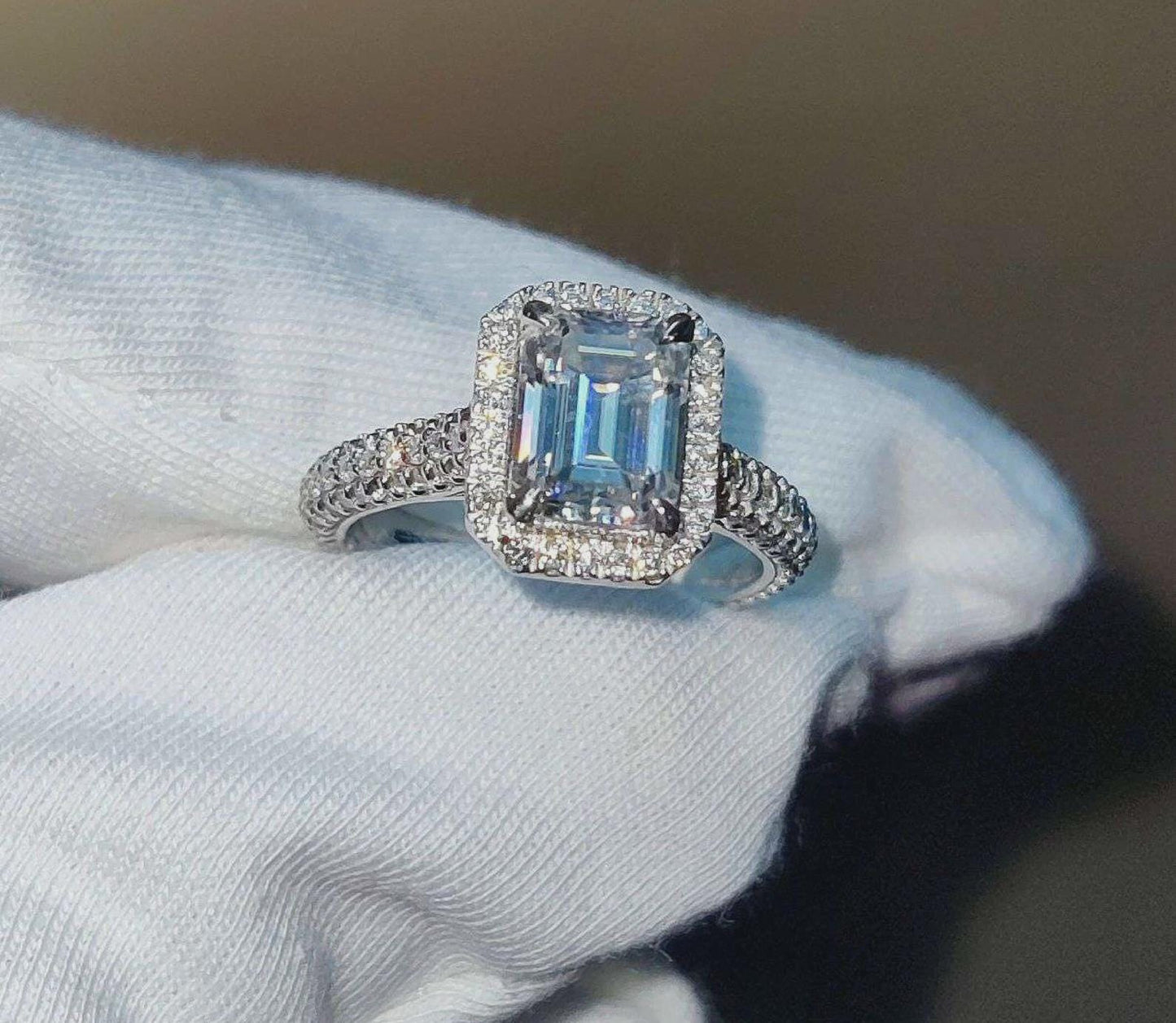 2Ct Emerald Cut Halo Simulated Diamond Solitaire Engagement Anniversary Ring 14K White Gold Finish 925 Sterling Silver Wedding Gift For her
