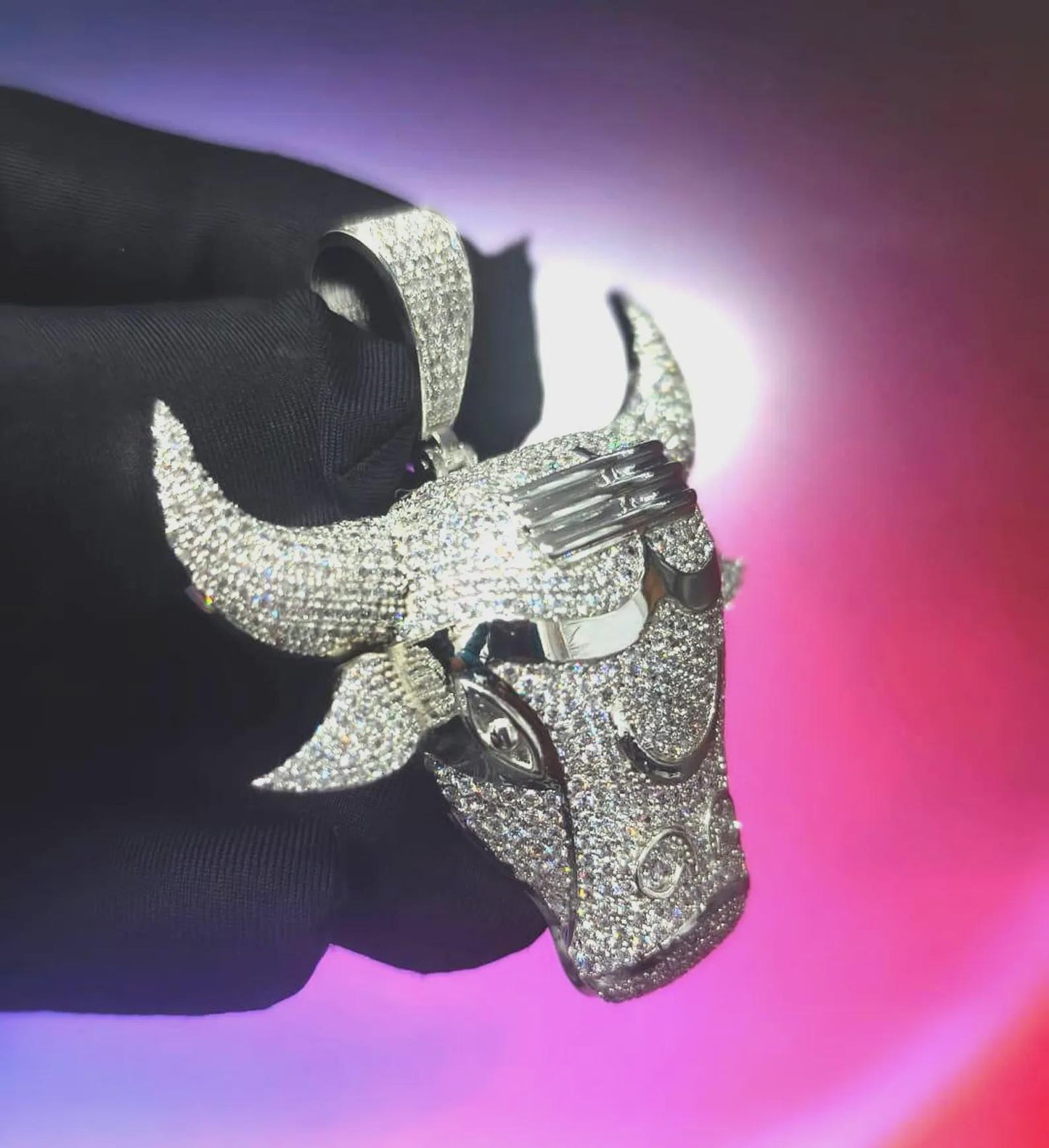 2Ct Round Cut Simulated White Diamond Bull Head Pendant 14K Yellow Gold Plated Free Chain 18" 925 Silver, Custom Hip Hop Animal Pendant