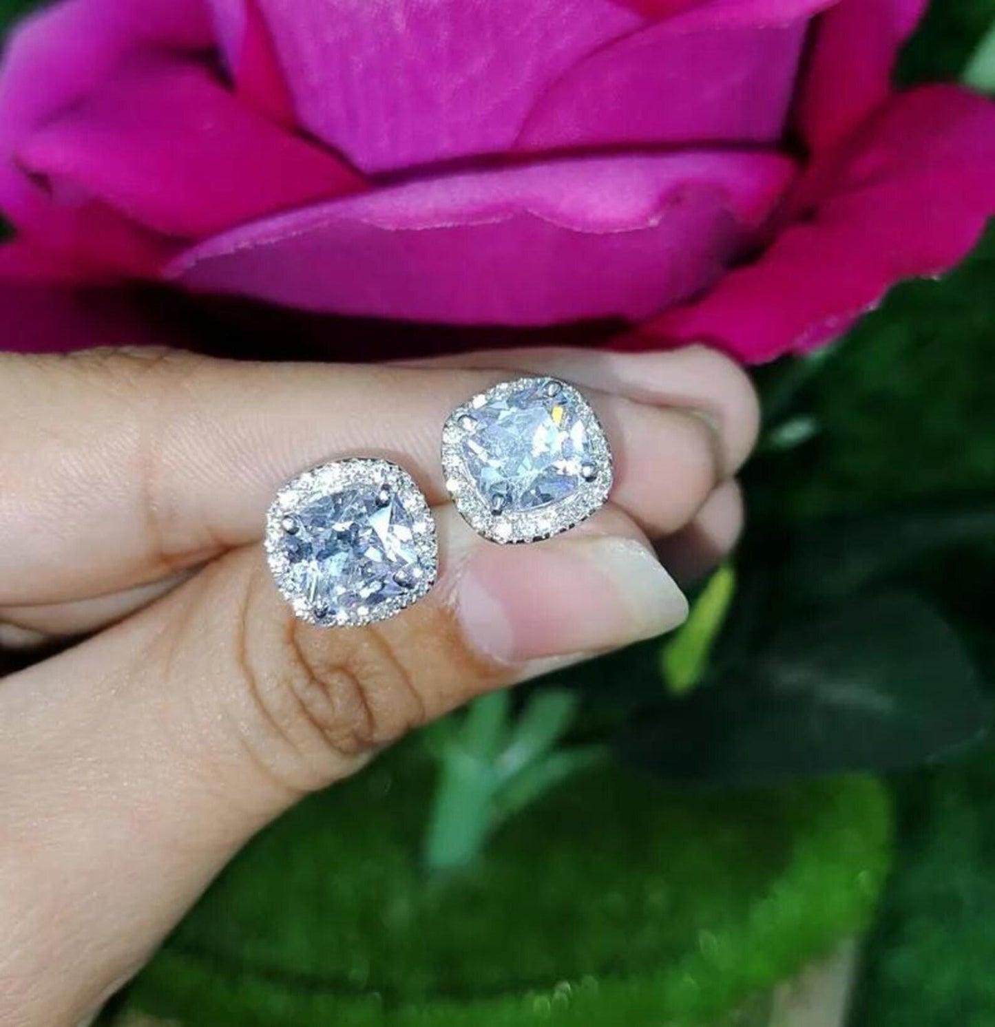 2Ct Cushion Cut Solitaire Prong Stud Earrings Simulated Diamond Earrings 14K White Gold Finish 925 Silver Stud Earring, Gift For Anniversary