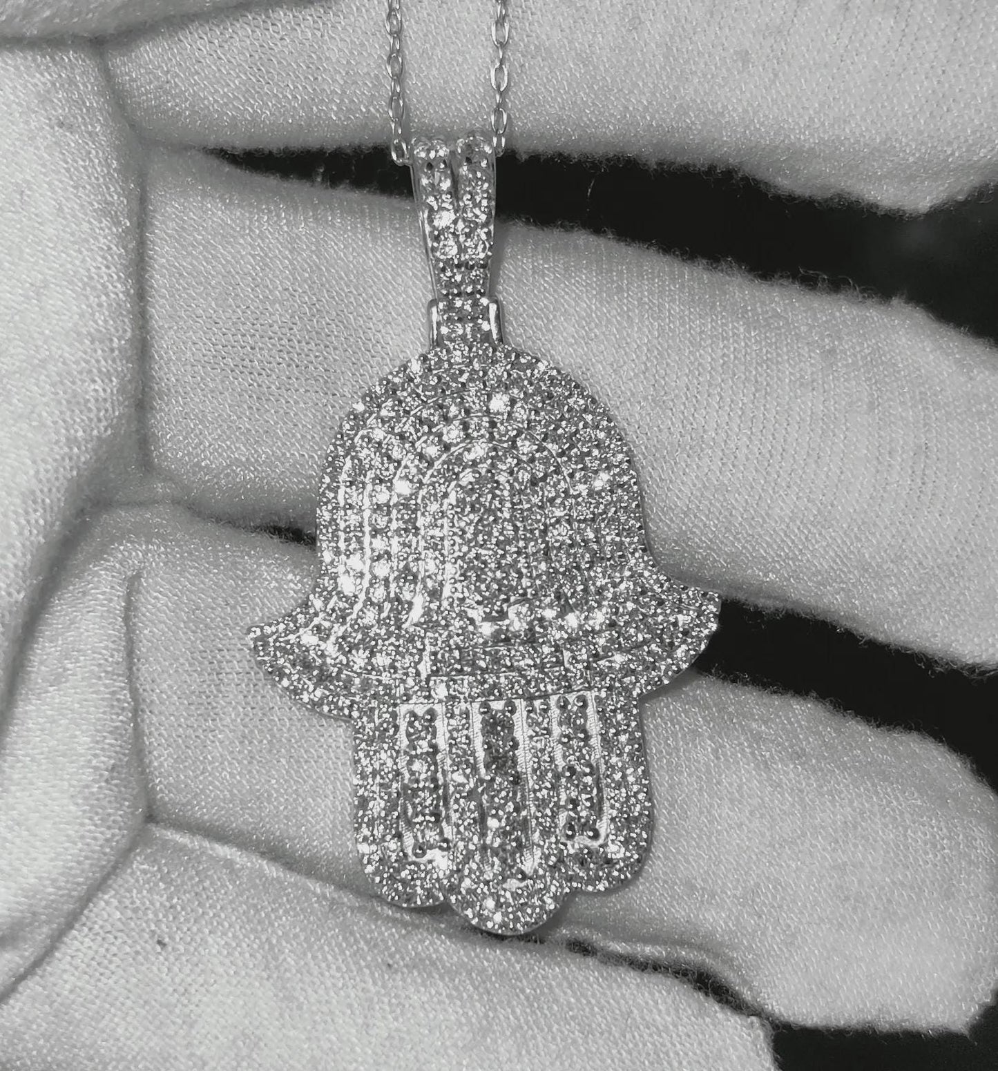 2Ct Round Cut Simulated White Diamond Hamsa Pendant  14K White Gold Finish Free Chain 925 Sterling Silver