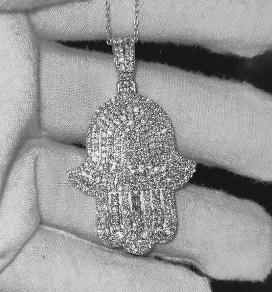 2Ct Round Cut Simulated White Diamond Hamsa Pendant  14K White Gold Finish Free Chain 925 Sterling Silver