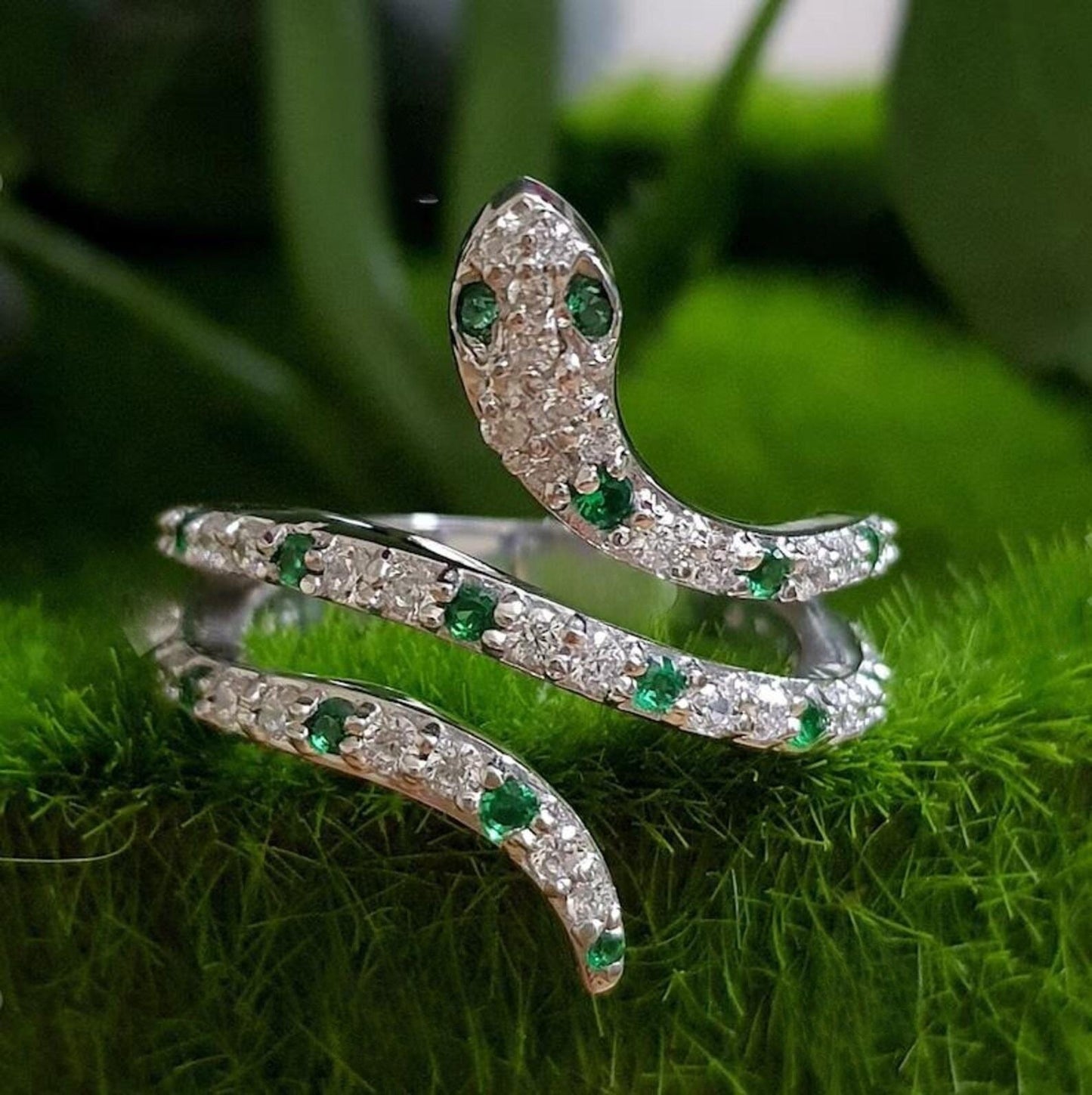 0.50Ct Round Cut Green Emerald VVS1 Diamond Solitaire Engagement Snake Women's Ring 14K White Gold Finish Gift For Her, Birthday Gift