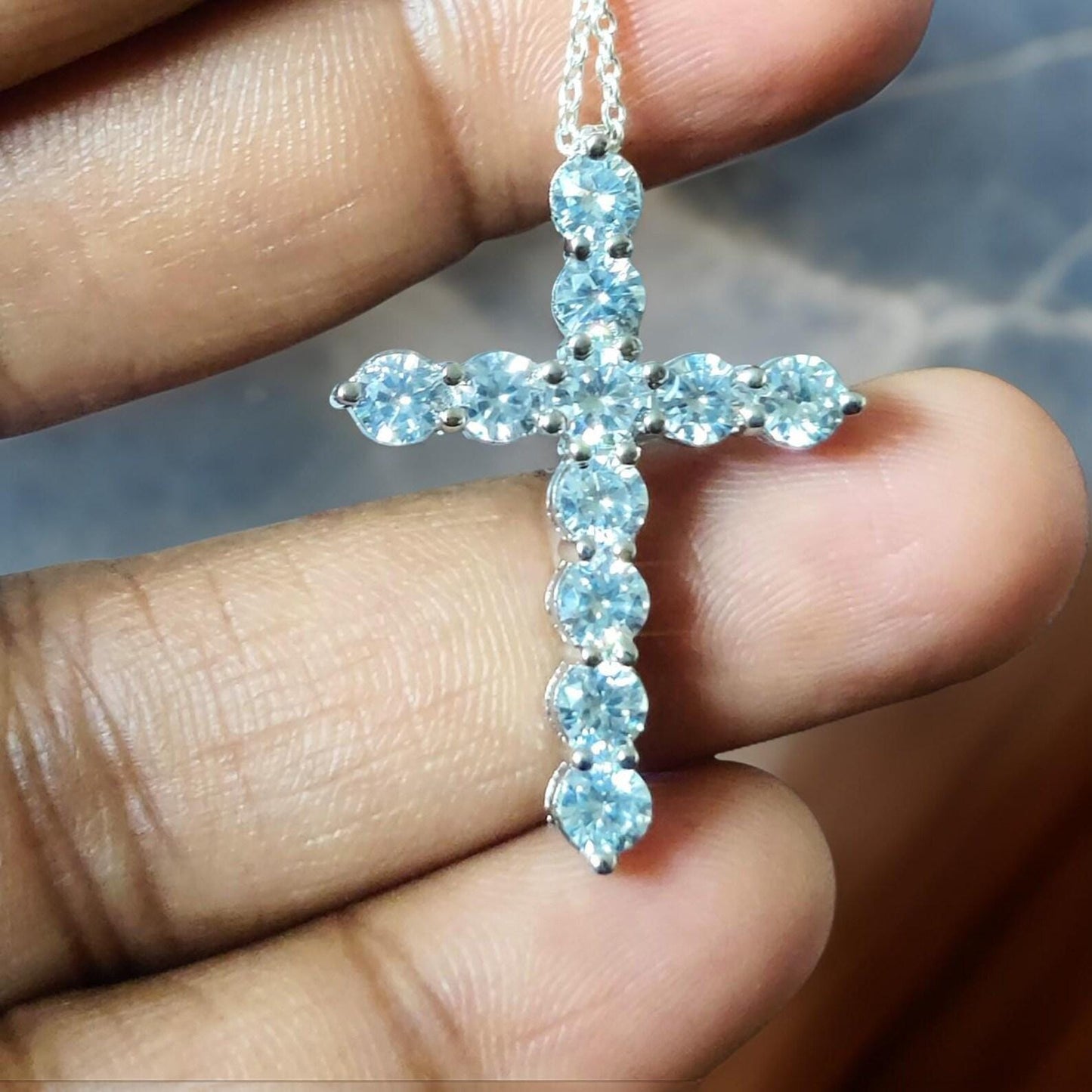 1.50Ct Round Cut Fancy VVS1 Diamond Cross Pendant 14k White Gold Plated- 925 Silver Free Chain