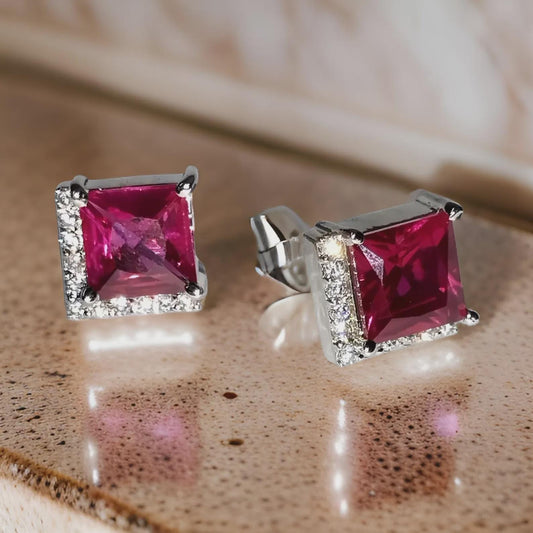 3Ct Princess Brilliant Cut Red Ruby VVS1 Diamond 14K White Gold Finish Halo Cluster Stud Earrings Gift For her ,Birthday Gift, Special Gift