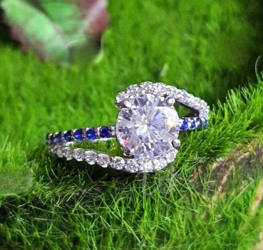 2Ct Round Cut Simulated White Diamond and Sapphire Wedding Women Engagement Anniversary Ring 14k White Gold Plated- 925 Silver, Gift for Her