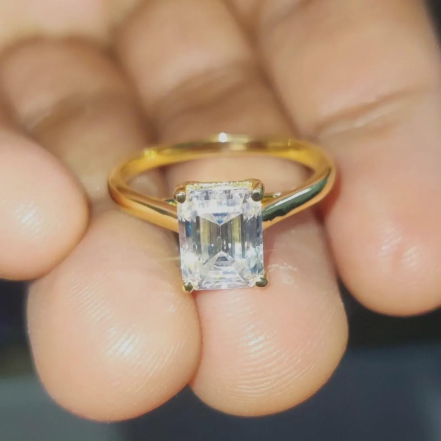 2Ct Diamond Emerald Cut Anniversary Ring Simulated Diamond Anniversary 14K Yellow Gold Finish Silver Solitaire Engagement Ring Birthday Gift