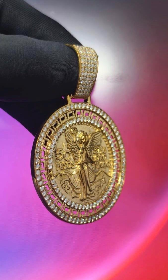 2Ct Round Cut Simulated Diamond Pendant 50 Pesos Centenario 14K Yellow Gold Plated - 925 Silver
