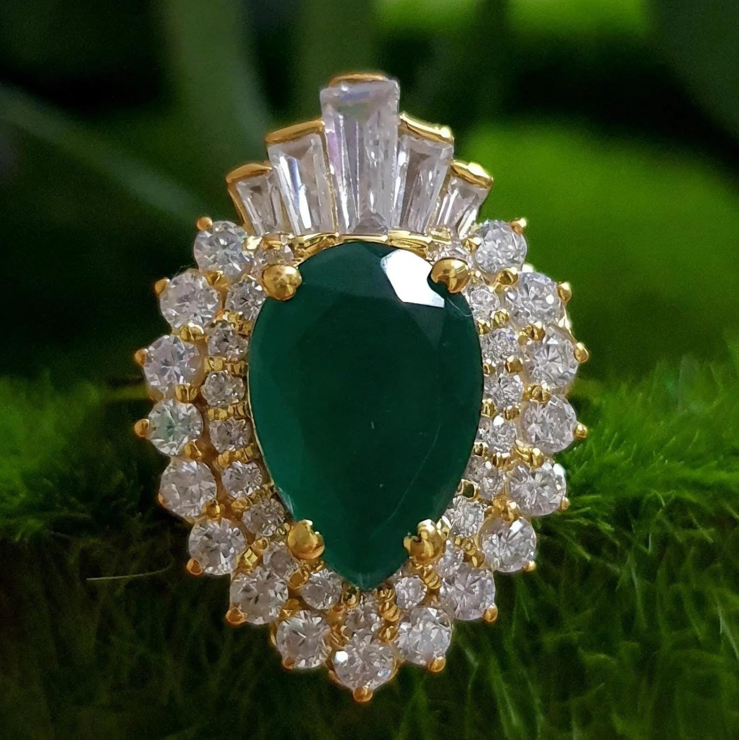 2Ct Pear Cut Emerald & Baugette Diamond Engagement Ring Yellow Gold Finish Halo Engagement Ring For Women Wedding Promise Ring For Her