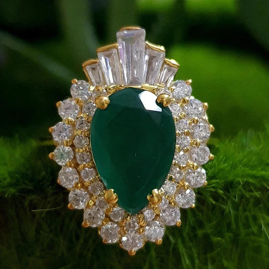 2Ct Pear Cut Emerald & Baugette Diamond Engagement Ring Yellow Gold Finish Halo Engagement Ring For Women Wedding Promise Ring For Her