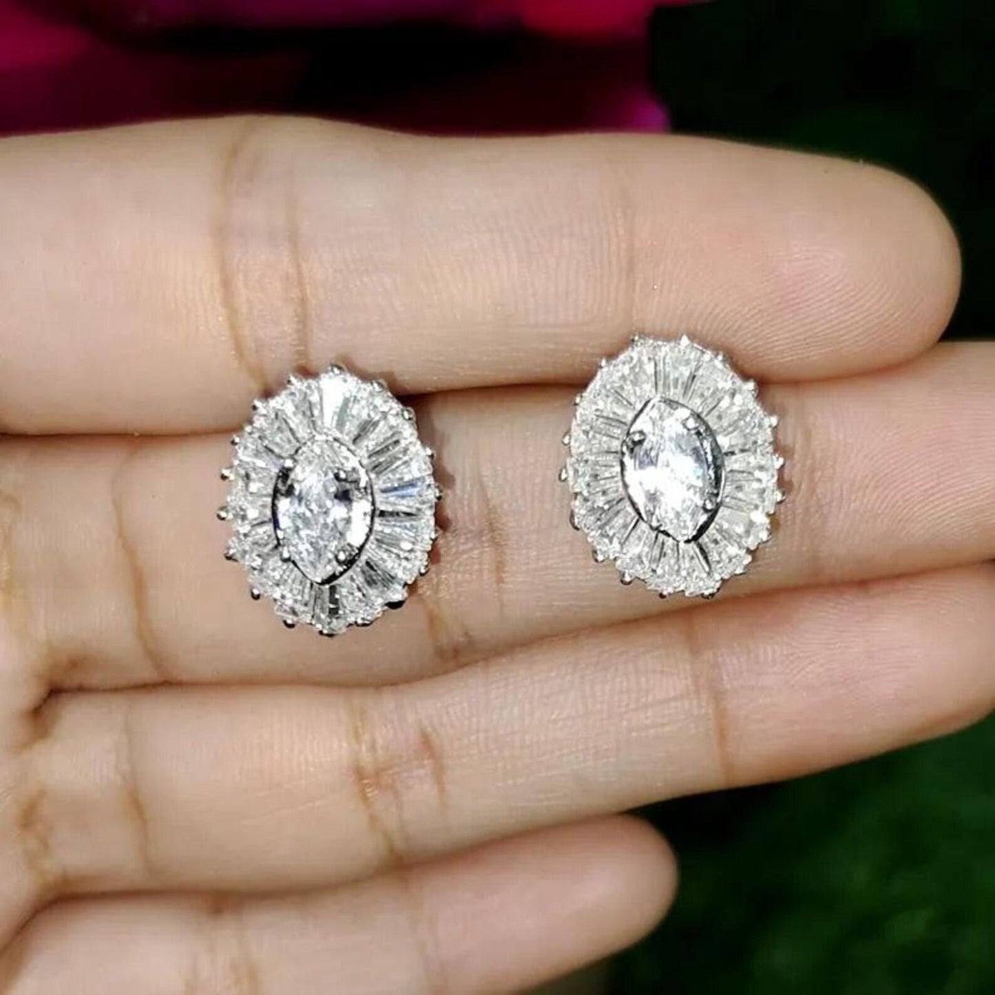 3Ct Diamond Prong Stud Earrings Marquise & Baguette Cut Simulated Diamond Earrings 14K White Gold Finish 925 Silver Gift For Birthday Wear