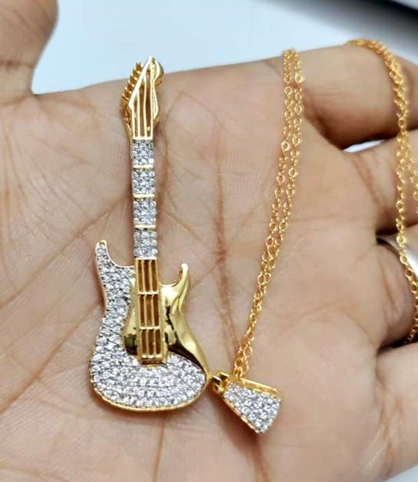 2.50Ct Round Cut Diamond Guitar Shape Pendant 14K Yellow Gold Finish 18 Free Chain For Women And Girls