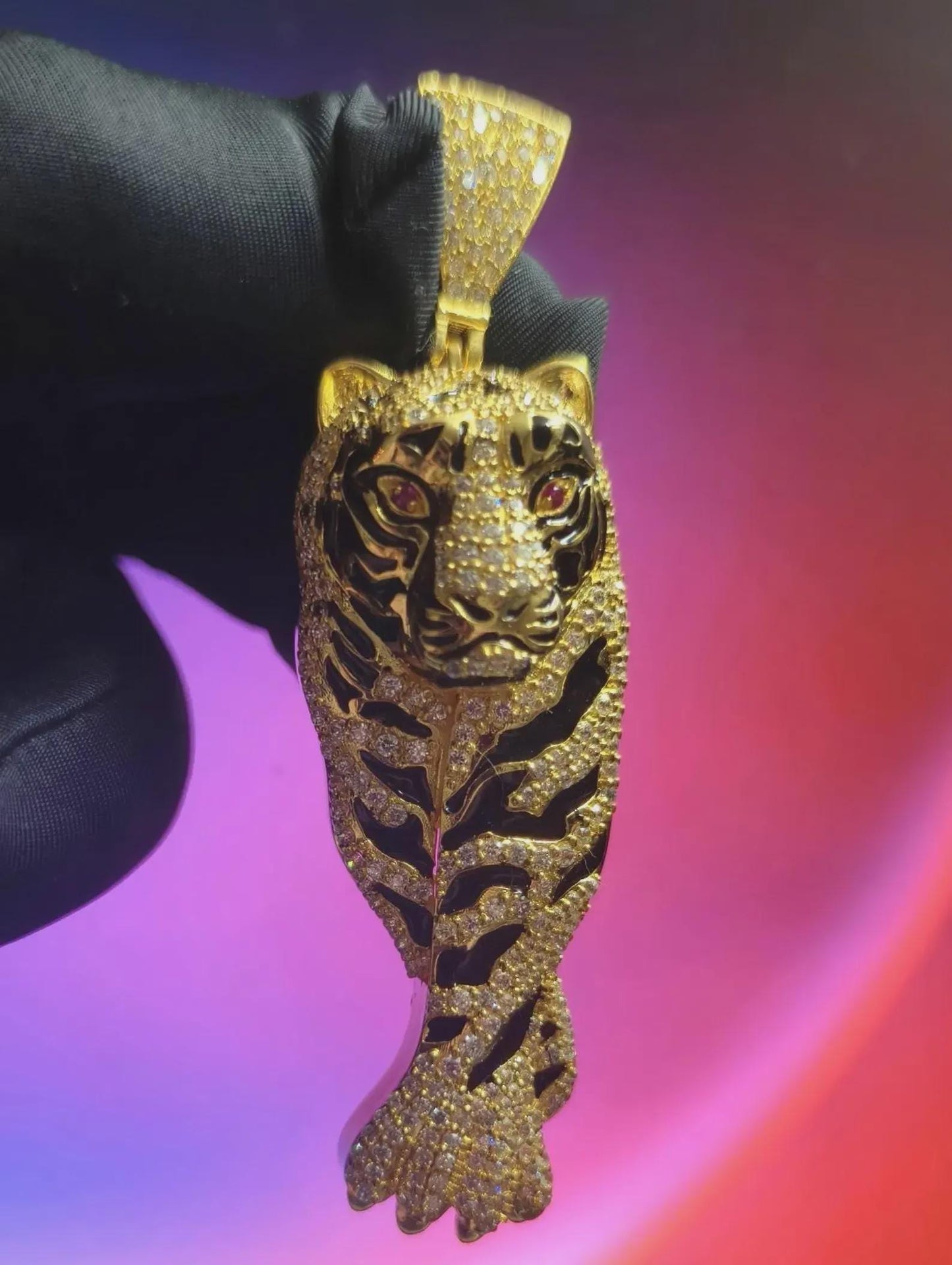 4Ct Round Cut Tiger Simulated Diamond Black Enamel Pendant Red Ruby Eye 14K Yellow Gold Plated 925 Sterling Silver, Tiger Animal Pendant