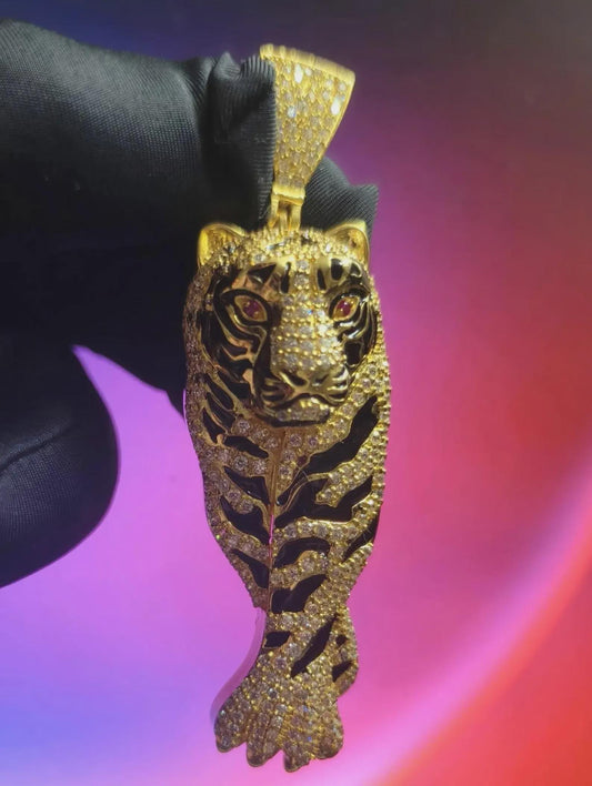 4Ct Round Cut Tiger Simulated Diamond Black Enamel Pendant Red Ruby Eye 14K Yellow Gold Plated 925 Sterling Silver, Tiger Animal Pendant