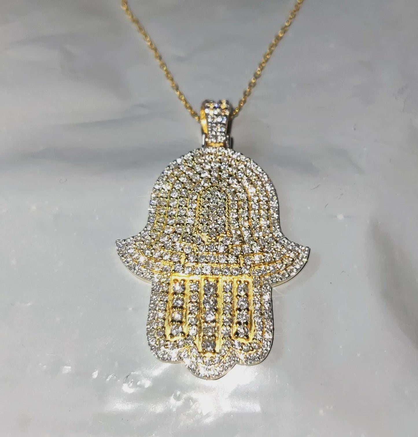 2Ct Round Cut Simulated White Diamond Hamsa Pendant  14K Yellow Gold Finish Free Chain 925 Sterling Silver