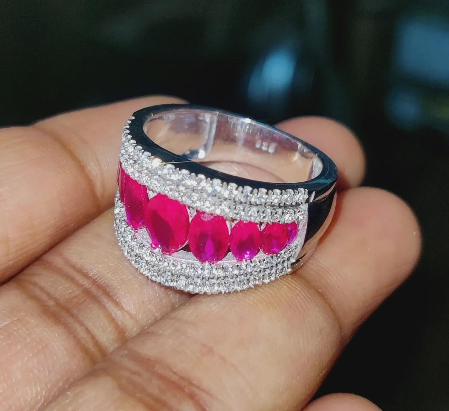 1.50Ct Oval Cut Lab-Created Red Ruby Wedding Engagement Band Ring 14K White Gold Finish 925 Silver Red Ruby Cocktail Wedding Band