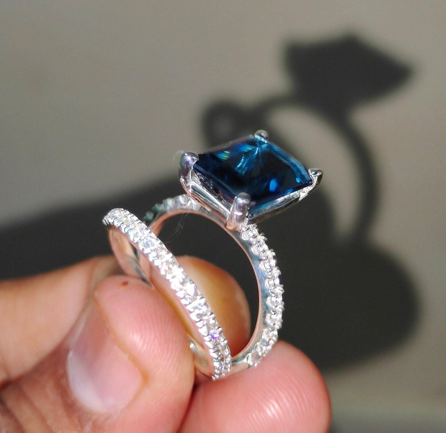 2.50Ct Emerald Brilliant Cut Blue Sapphire & VVS1/D Diamond Solitaire Engagement Bridal Ring Set 14K White Gold Finish Gift For her