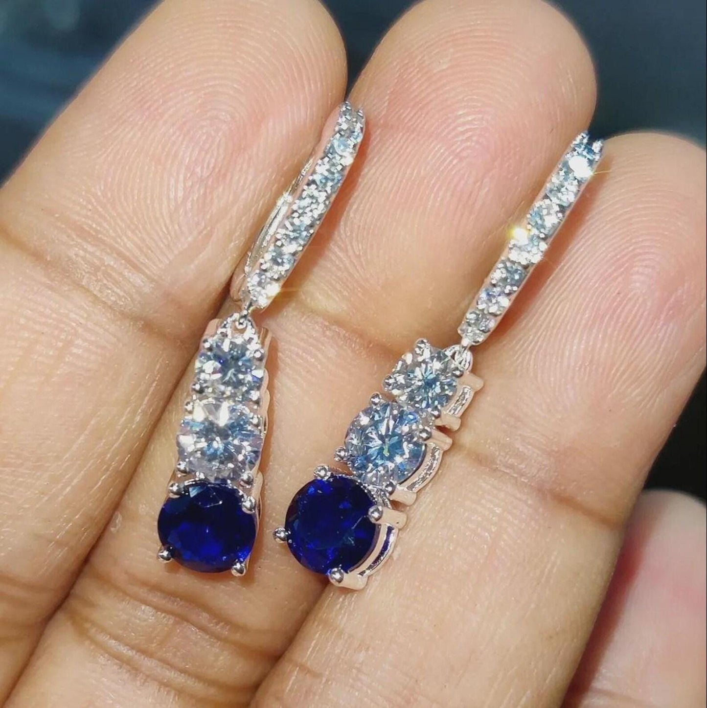 2Ct Round Cut Simulated Blue Sapphire Fancy Drop Dangle Earrings 14K White Gold Finish Sterling Silver Clip On Earrings Gift for Birthday