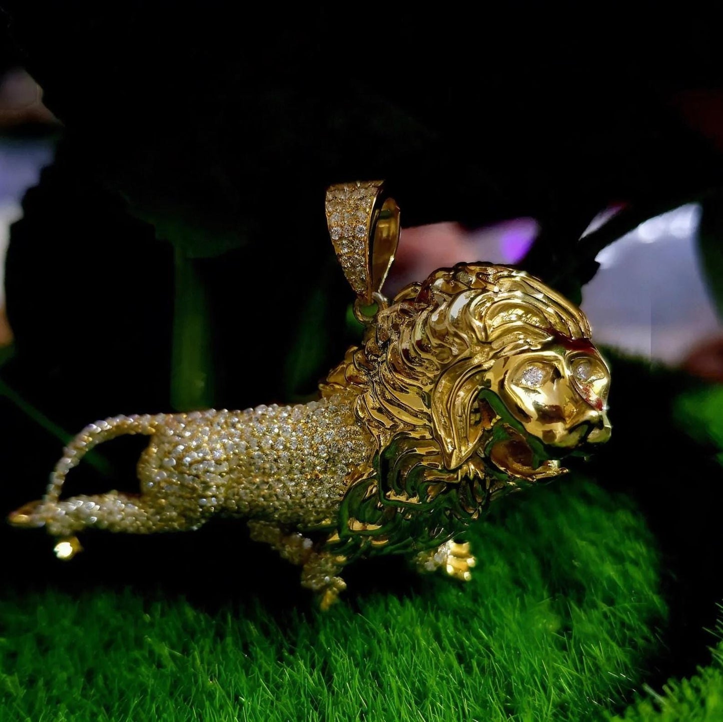 Round cut Custom Made King Lion Pendant Simulated Diamond , King Lion Hip Hop Multi Stone Pendant Free Chain 14k Yellow Gold Finish Pendant.