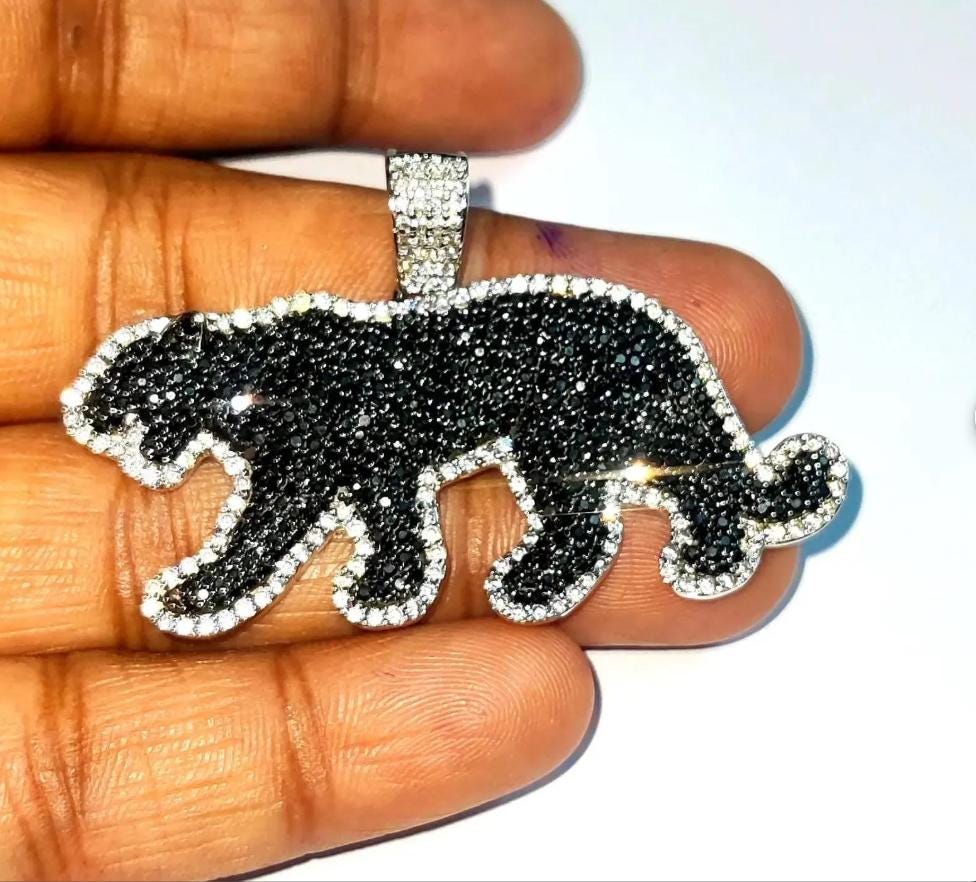 3Ct Round Cut Simulated Black Diamond Panther Pendant 14K White Gold Plated Black - 925 Silver