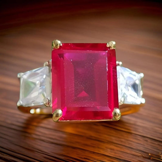 2Ct Emerald Cut Simulated Red Ruby Diamond Three Stone 14K White Gold Finish Engagement Anniversary Ring, Birthday Party Gift, Ring For Her
