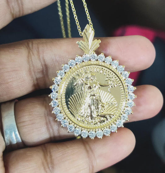 1Ct Round Cut Moissanite Pendant Liberty Dollar Coin Pendant Necklaces Pendant 14K Yellow Gold Finish Moissanite Liberty Pendant