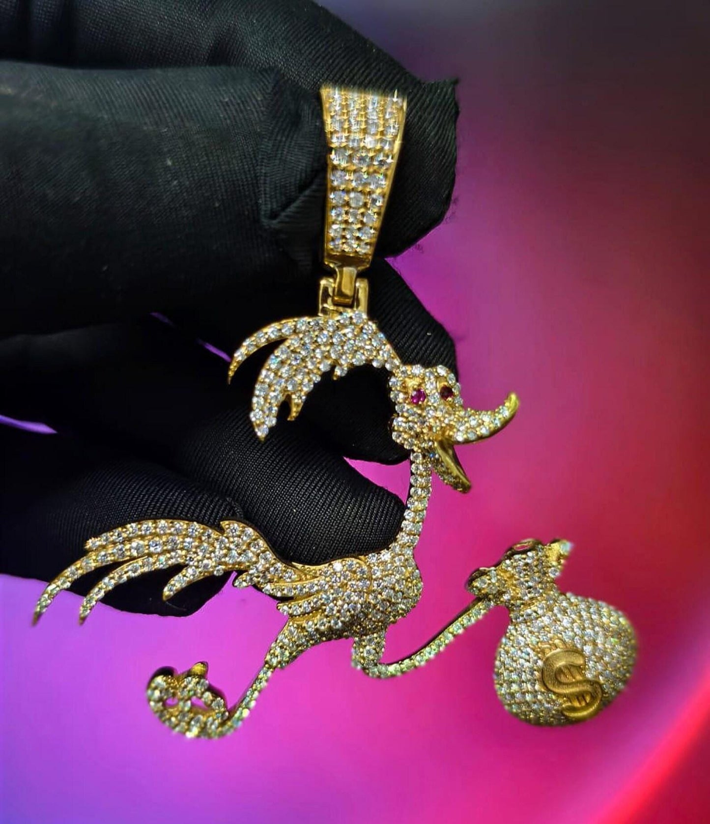 Round Cut Moissanite Duck With Money Bag Pendant Hip Hop Bird Pendant 14K Yellow Gold Plated 925 Sterling Silver Free Chain