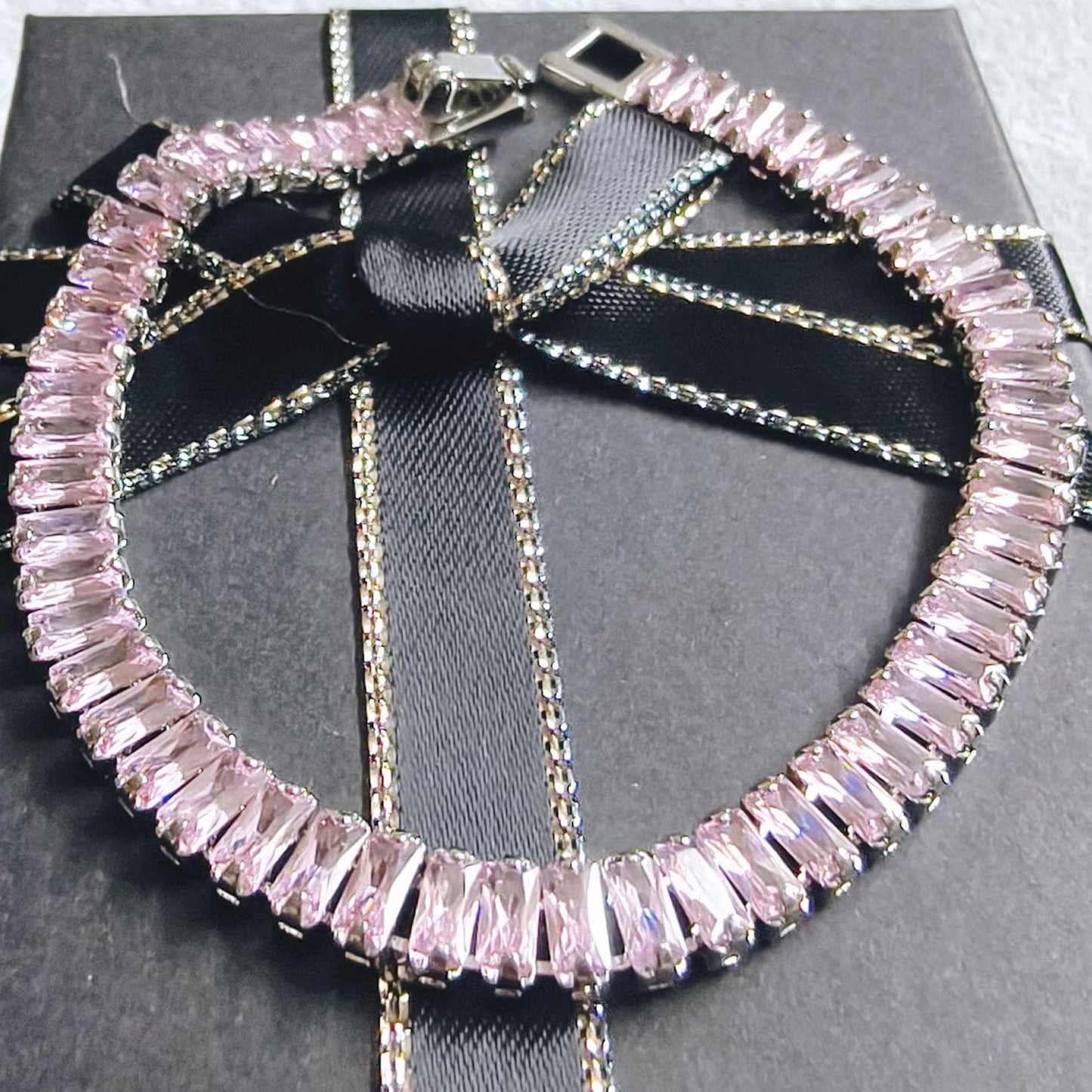 12Ct Baguette Cut CZ Pink Sapphire Lab-Created Spinel Tennis Bracelet 14K White Gold Plated Diamond Bracelet Size 7.5" Inch