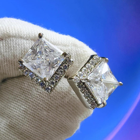 4Ct Princess Cut Moissanite Halo Stud Earrings 14K White Gold Finish 925 Silver Stud Earrings