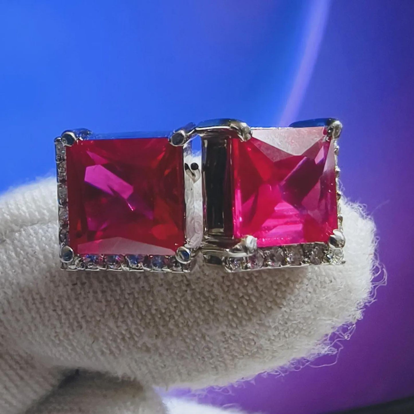 3Ct Princess Brilliant Cut Red Ruby VVS1 Diamond 14K White Gold Finish Halo Cluster Stud Earrings Gift For her ,Birthday Gift, Special Gift