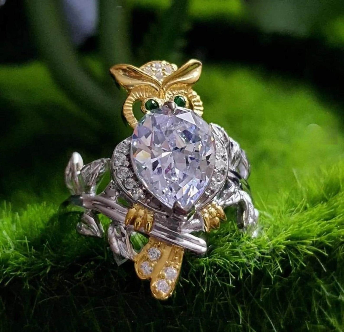 2Ct Heart Cut Owl Shape Ring Simulated Green Emerald 14K Two Tone Gold Plated 925 Sterling Silver, Anniversary Ring, For Birthday Gift Ring