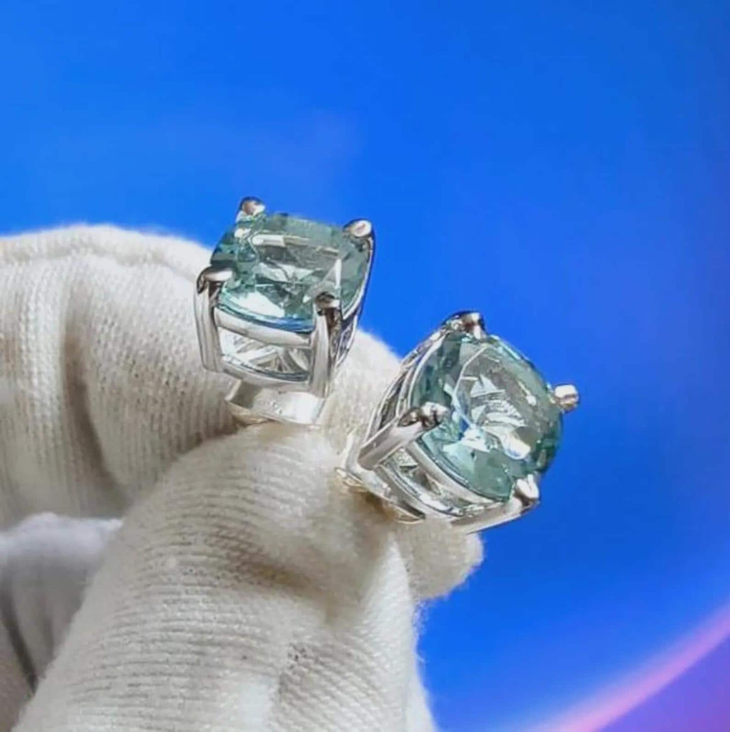 4Ct Cushion cut Aquamarine 14K White Gold Finish Sterling 925 Solitaire Stud Earrings Gift For her ,Birthday Gift, Special Wedding Gift,