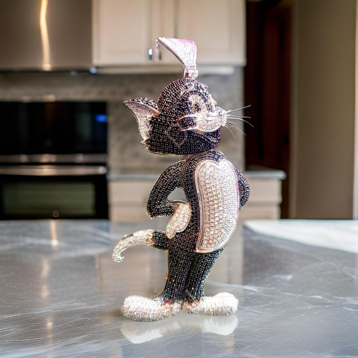 4Ct Round Cut Black & White Diamond Cartoon Tom Pendant 14K White Gold Finish Anniversary, Wedding, Birthday Gift