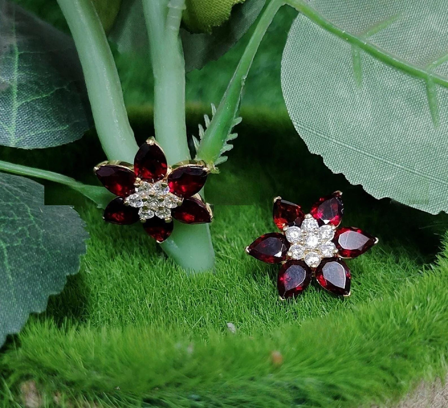 1.20Ct Red Garnet Earrings Lab-Created Pear Cut Red Garnet Cluster Flower Stud Earrings 14K Yellow Gold Finish Woman's Garnet Stud Earrings