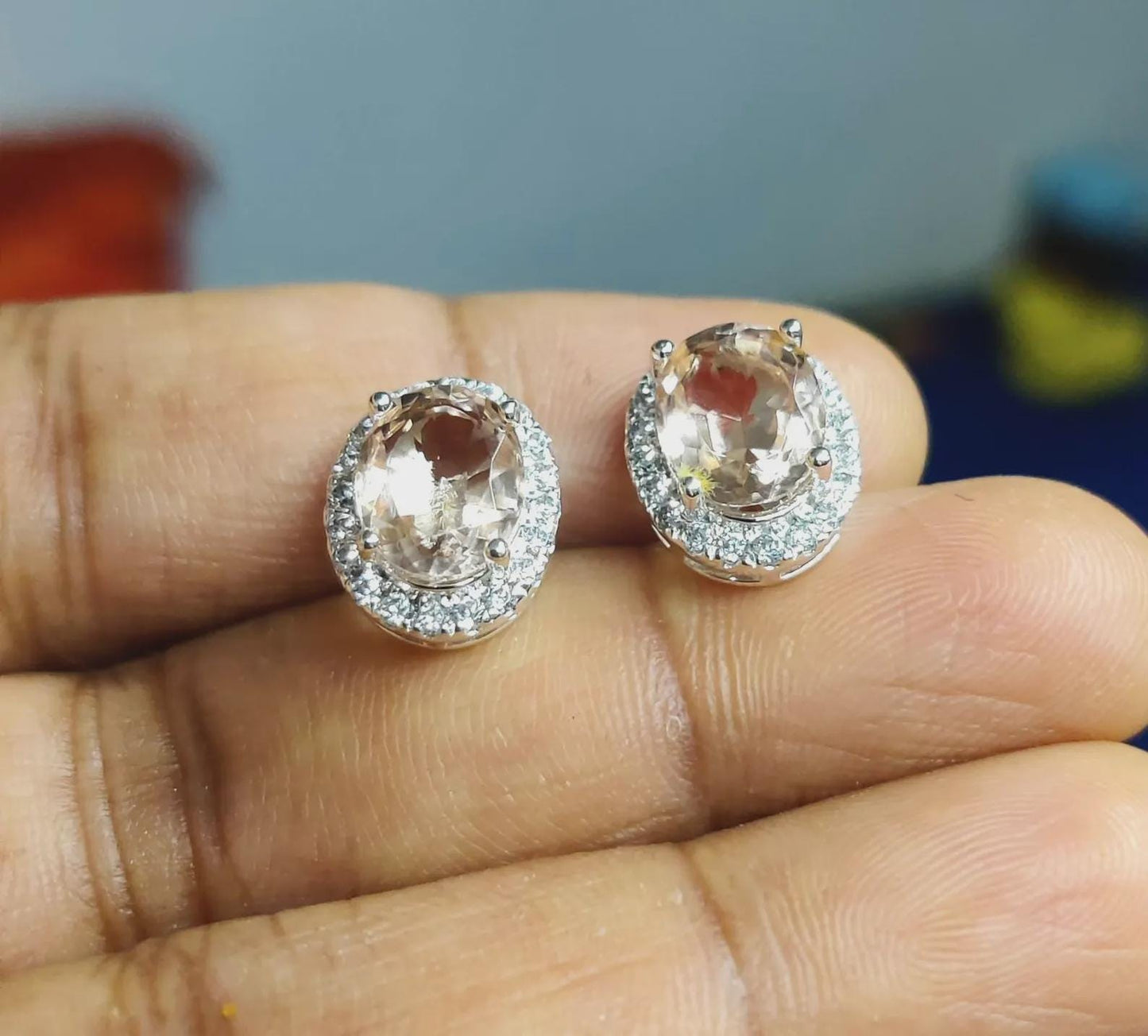 2Ct Oval Cut Simulated Morganite Cluster Halo Stud Earrings 14K White Gold Finish Sterling Silver Push Back Earrings Gift For Birthday