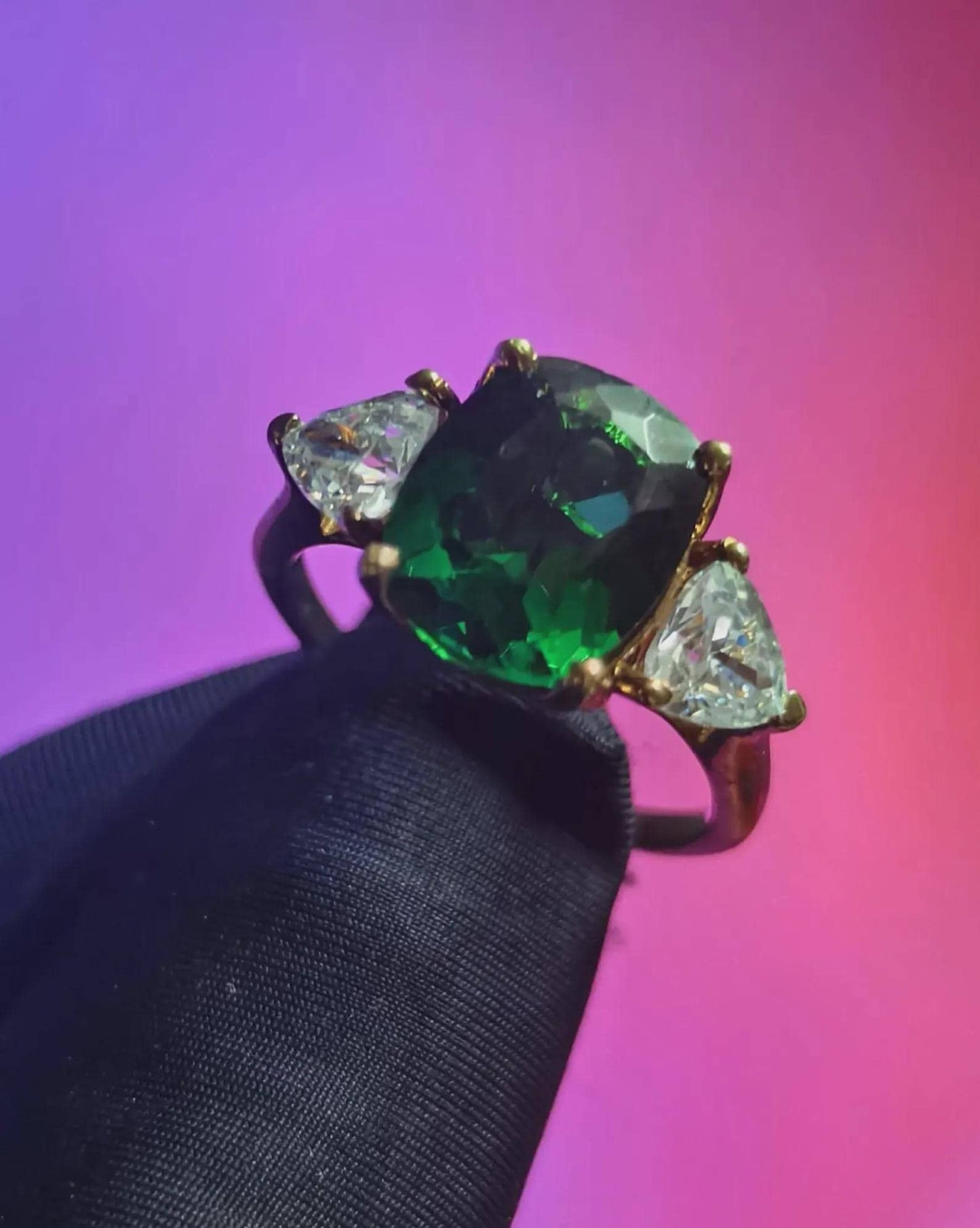 Three Stone Cushion Cut Simulated Green Emerald Diamond 14K Yellow Gold Plated 925 Sterling Silver, Anniversary Ring, Wedding Solitaire Ring