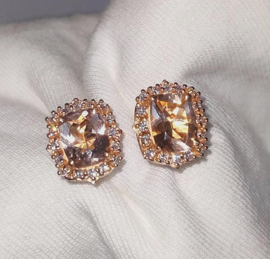 4Ct Cushion Cut Morganite Stud Earrings Simulated Diamond 14K Rose Gold Finish Fancy Halo Earrings 925 Sterling Silver Gift For Party Wear