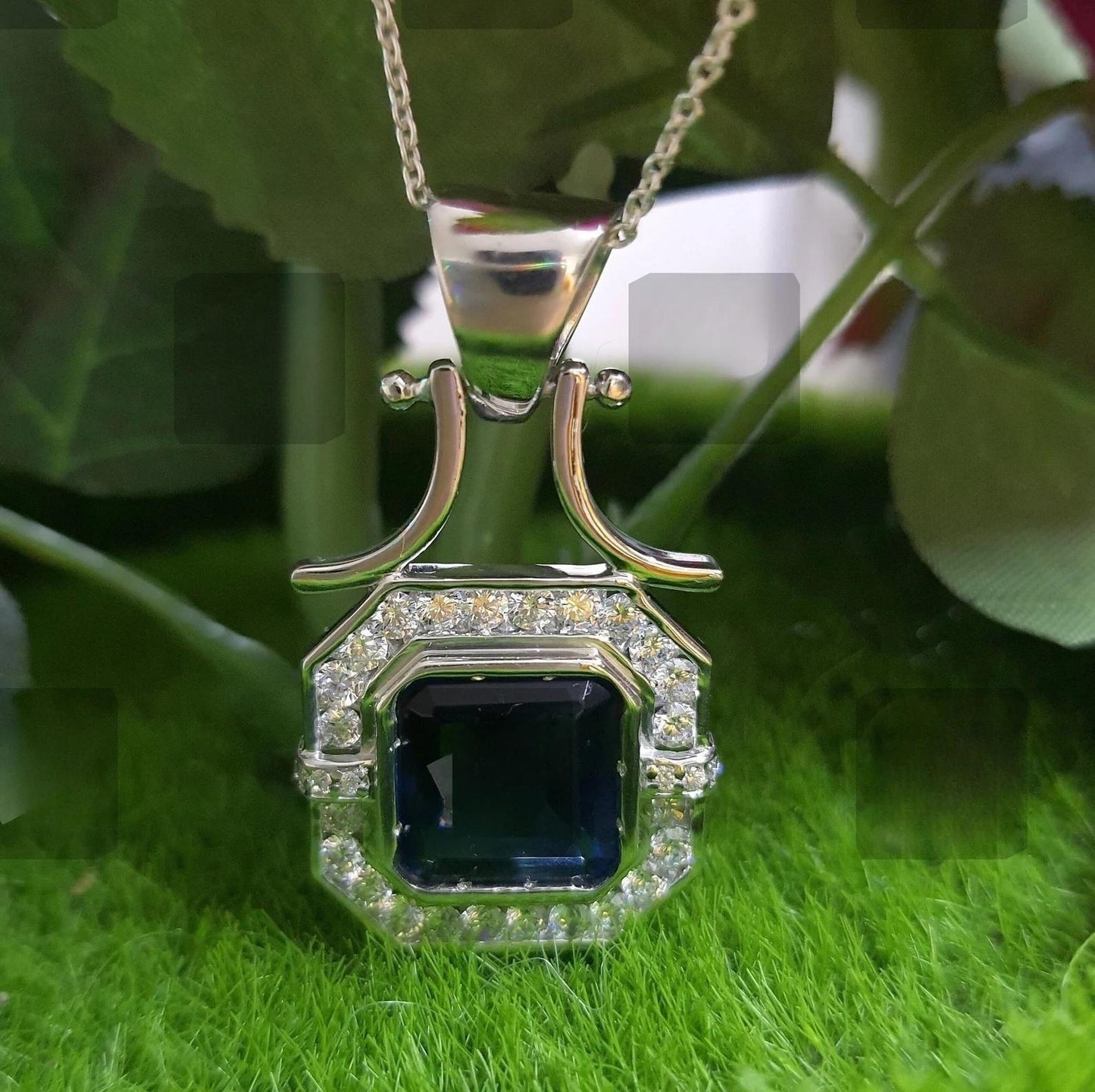 3Ct Asscher Cut Blue Sapphire Round Cut Diamond Halo 14K White Gold Finish Pendant Necklace For Girls With Free Chain