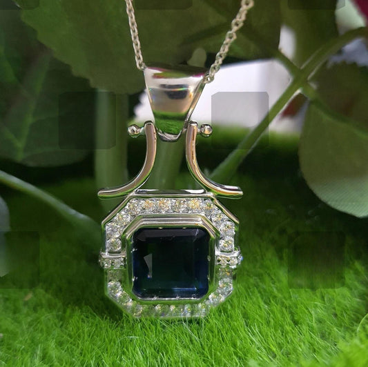 3Ct Asscher Cut Blue Sapphire Round Cut Diamond Halo 14K White Gold Finish Pendant Necklace For Girls With Free Chain