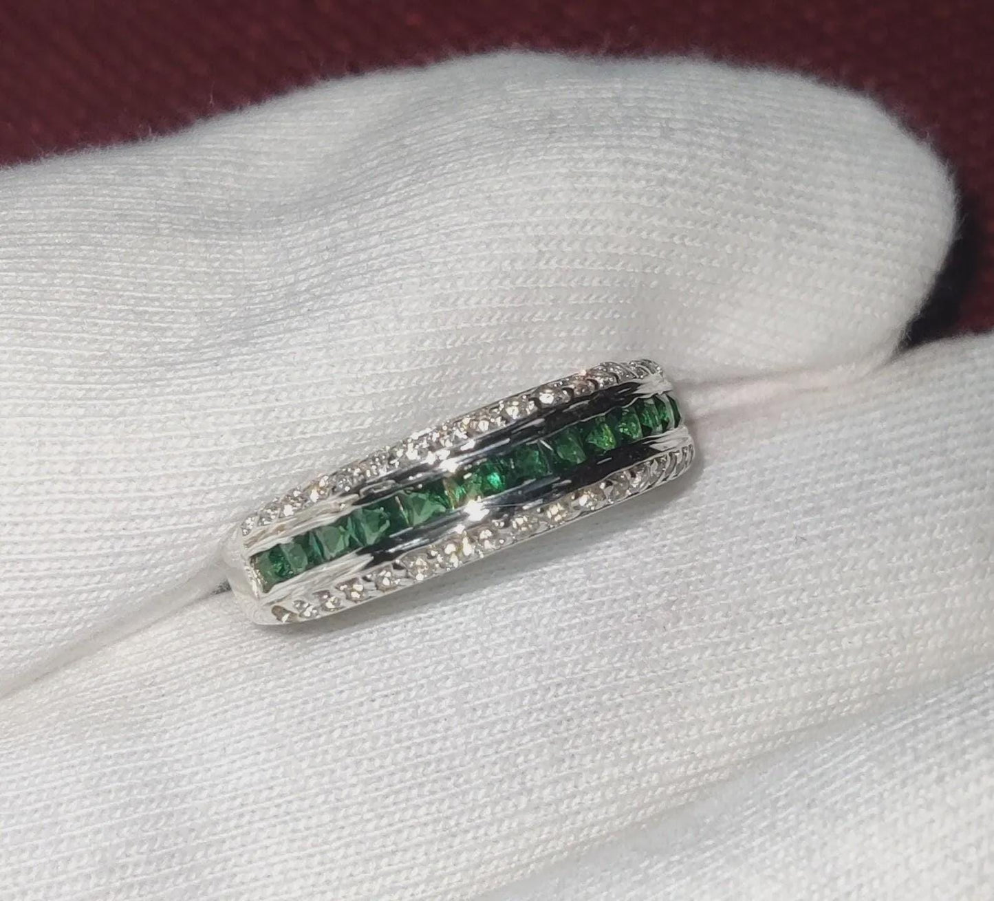 1.50Ct Emerald Princess Cut Simulated Emerald Diamond  Band Engagement Anniversary Ring Prong 14K White Gold Finish 925 Sterling Silver