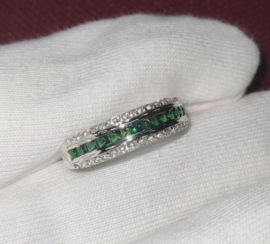 1.50Ct Emerald Princess Cut Simulated Emerald Diamond  Band Engagement Anniversary Ring Prong 14K White Gold Finish 925 Sterling Silver