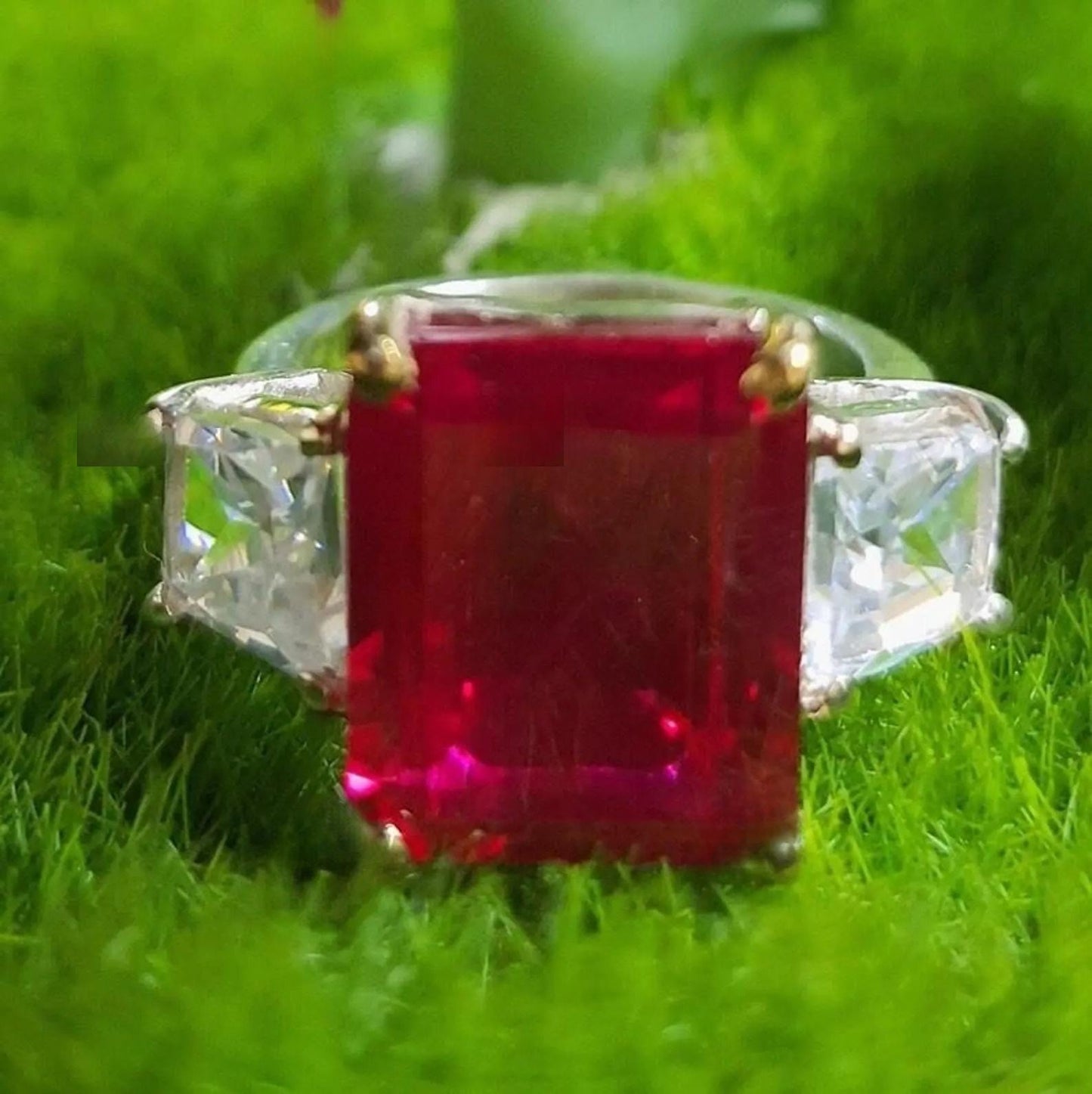 2Ct Emerald Cut Simulated Red Ruby Diamond Three Stone 14K White Gold Finish Engagement Anniversary Ring, Birthday Party Gift, Ring For Her