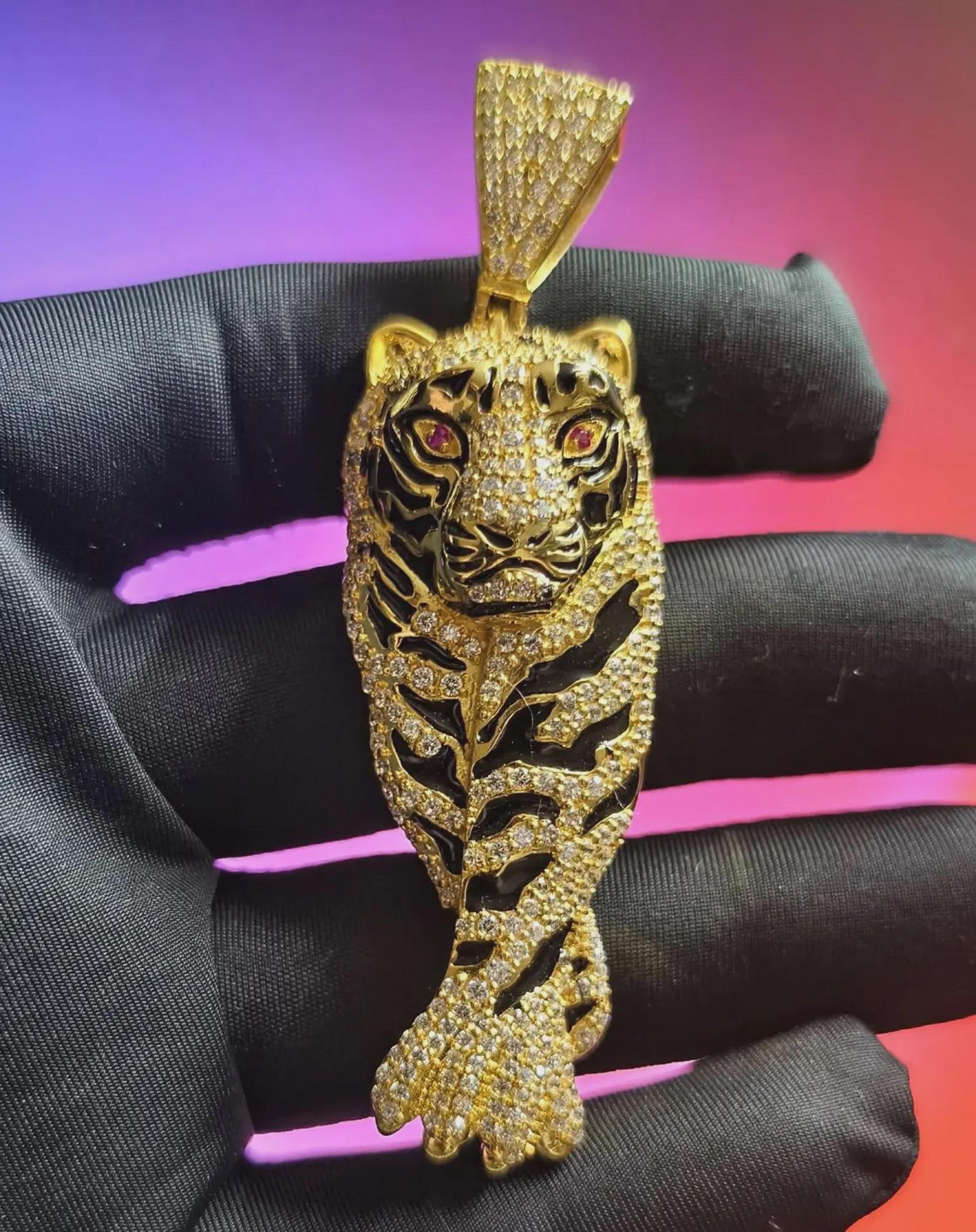 4Ct Round Cut Tiger Simulated Diamond Black Enamel Pendant Red Ruby Eye 14K Yellow Gold Plated 925 Sterling Silver, Tiger Animal Pendant