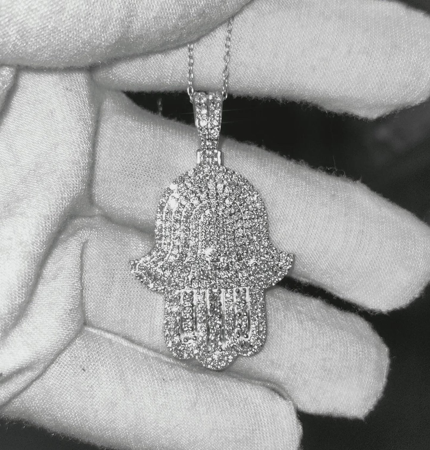 2Ct Round Cut Simulated White Diamond Hamsa Pendant  14K White Gold Finish Free Chain 925 Sterling Silver