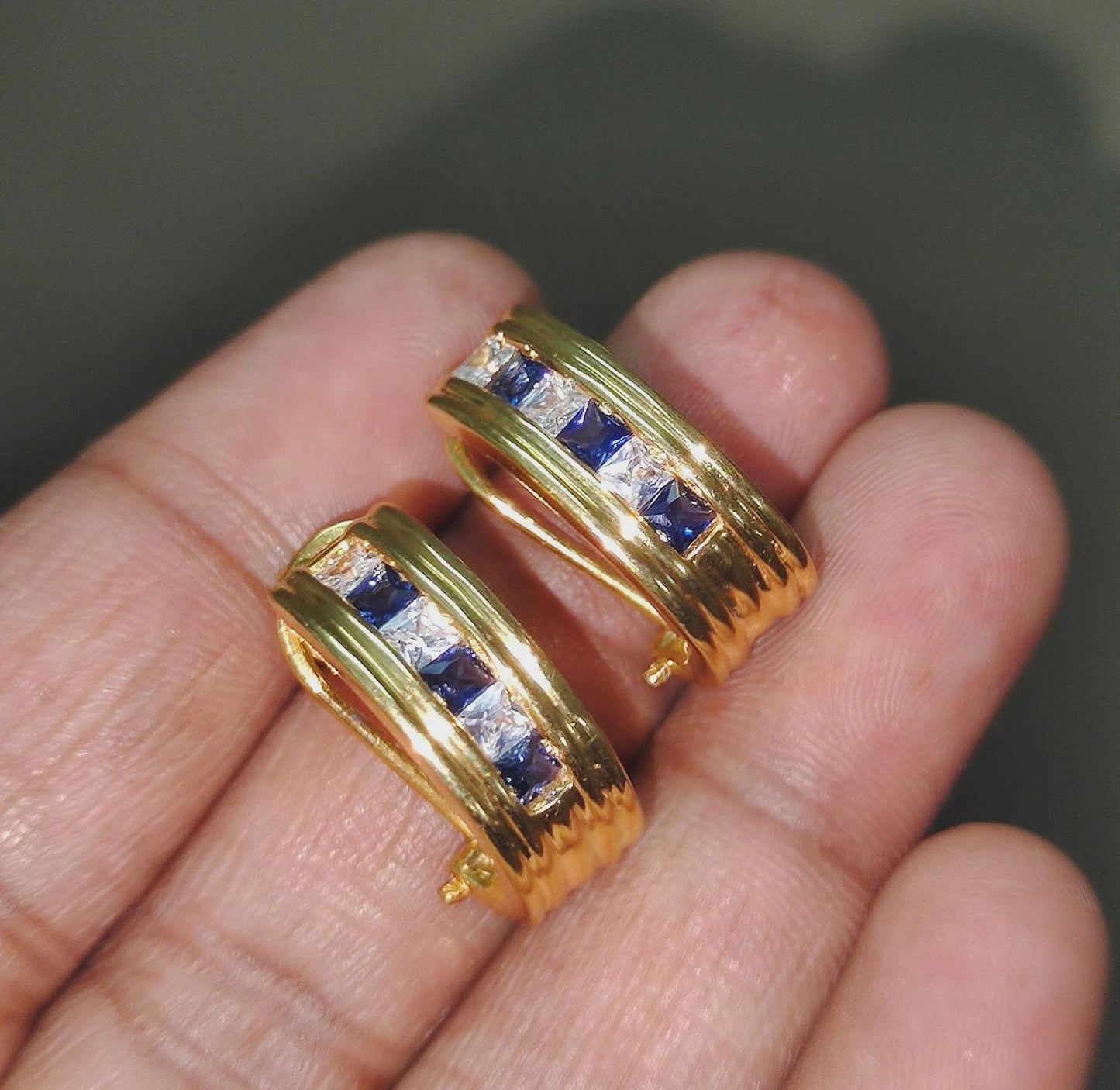 3Ct Princess cut Blue Sapphire VVS1/D Diamond 14K Yellow Gold Finish Dangle Circle Hoop Huggie Women's earrings Gift For her