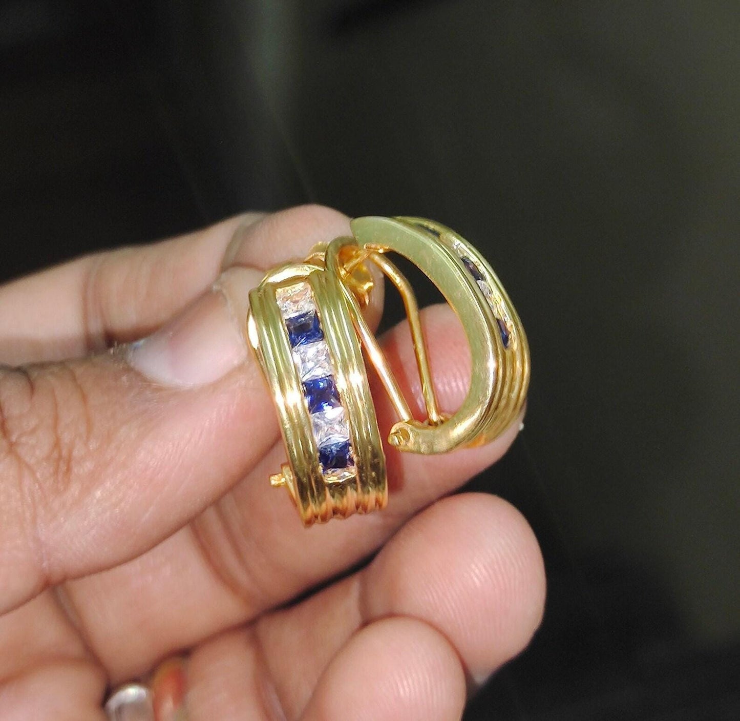 3Ct Princess Brilliant cut Blue Sapphire VVS1/D Diamond 14K Yellow Gold Finish Two Dangle Circle Hoop Huggie earrings Gift For her