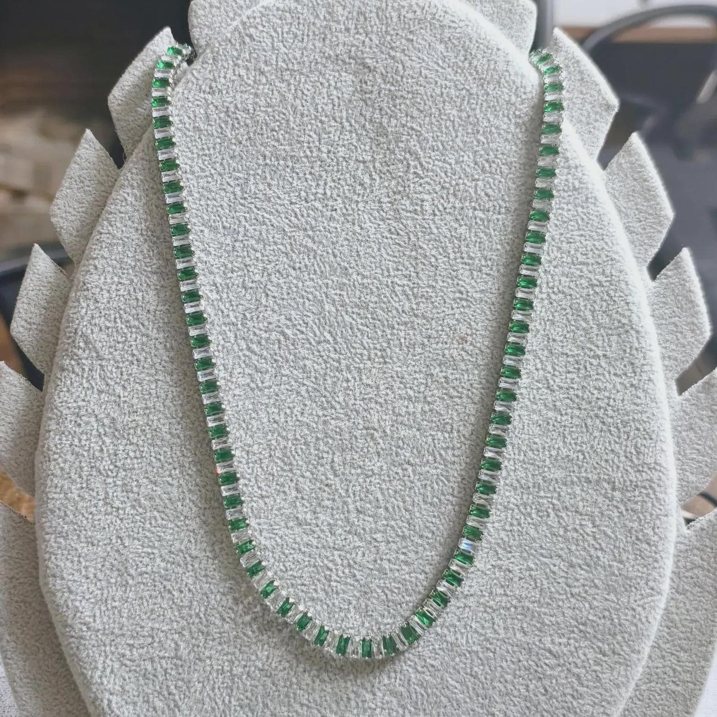 14Ct Radiant And Baguette Cut Emerald Lab-Created Gemstone Tennis Necklace 14K White Gold Plated Necklace Tennis Chain Necklace Size 19"