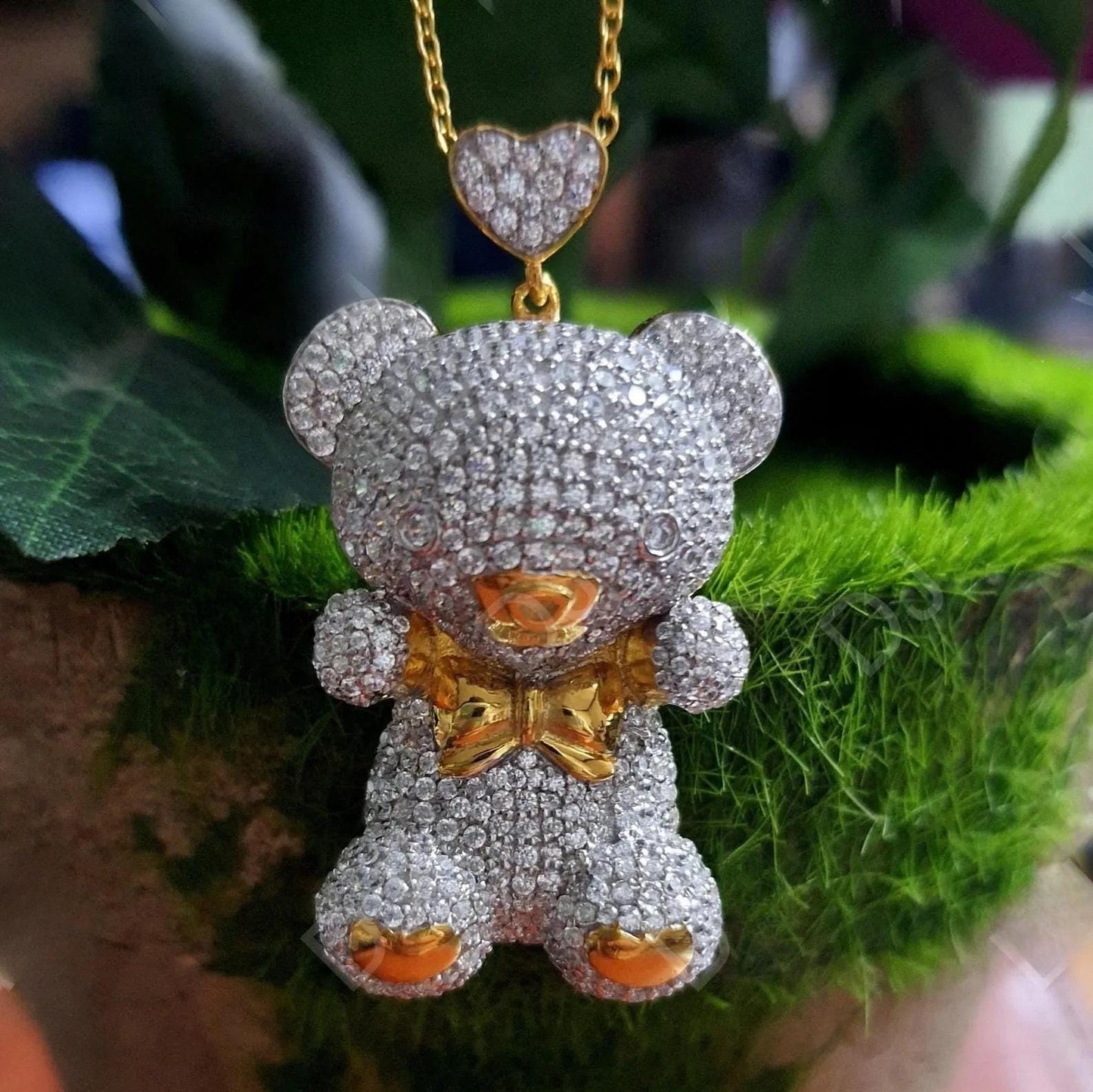 3Ct Designer Teddy Bear Lab Created Diamond 925 Sterling Silver Charm Pendant, Beautiful Teddy Bear 14k Yellow Gold Plated Charm Pendant,